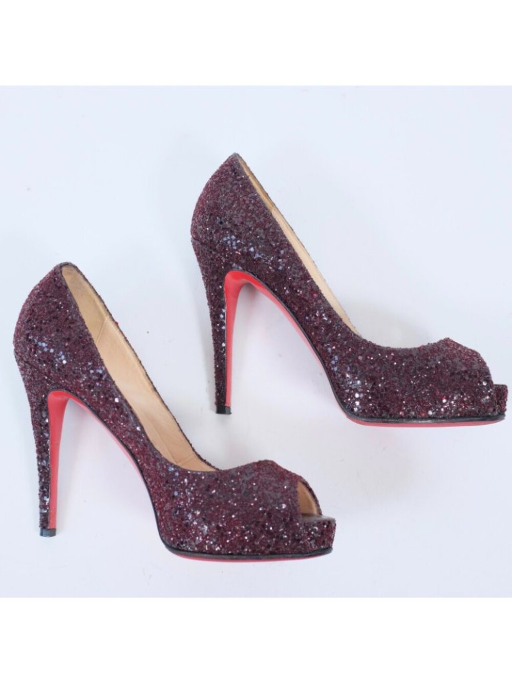 Christian Louboutin 37.5 US 7.5 Shoes Pumps Open Toe Platform Glitter Wine - Picture 5 of 8